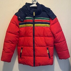 Boden Red and Navy Puffer Jacket with Stripes